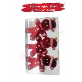 YILBAŞI AĞAÇ SÜSÜ KURABİYE ADAM 12 CM 3 LÜ KIRMIZI