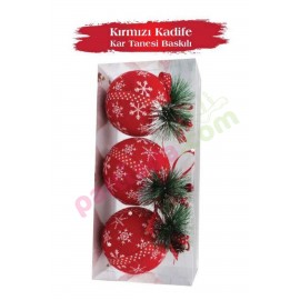 YILBAŞI TOPU 8 CM 3 LÜ KIRMIZI KADİFE ÇAM DALLI KOZALAKLI YIL-1800