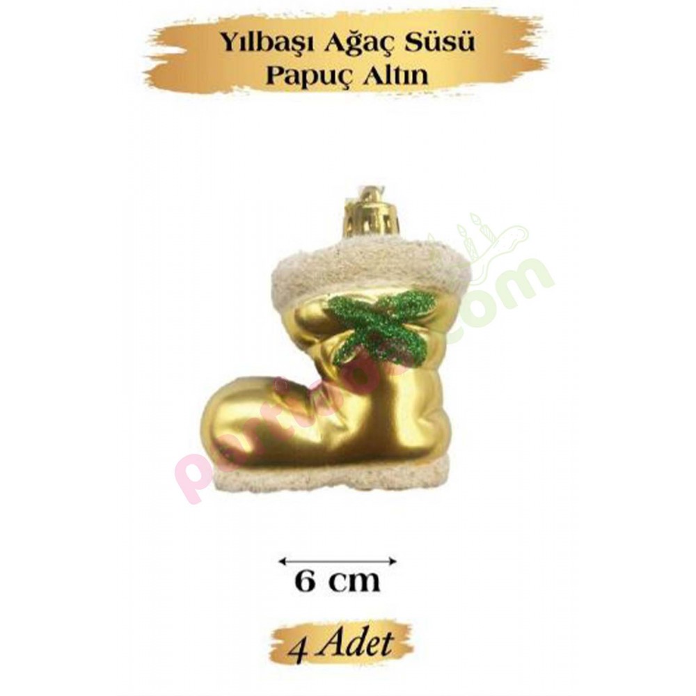 YILBAŞI AĞAÇ SÜSÜ 6 CM 4 LÜ KÜÇÜK ALTIN ÇİZME YEŞİL DETAYLI YIL-3658