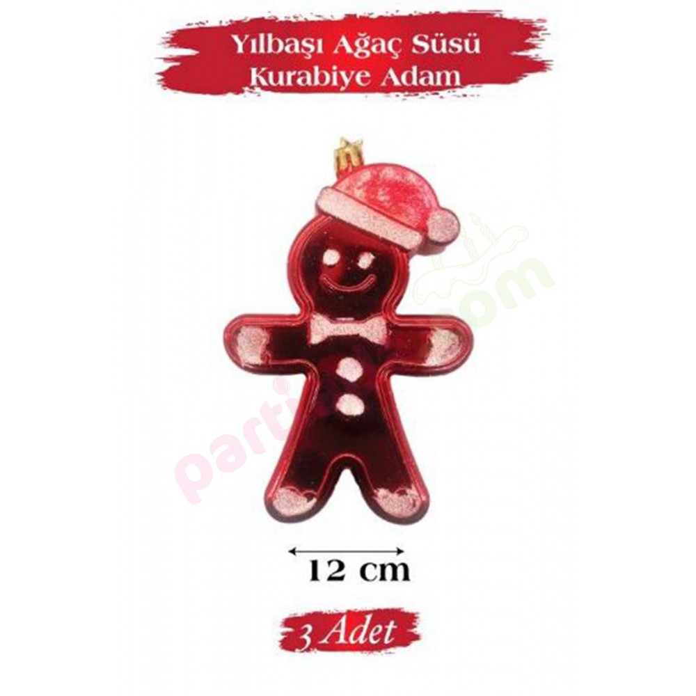 YILBAŞI AĞAÇ SÜSÜ KURABİYE ADAM 12 CM 3 LÜ KIRMIZI