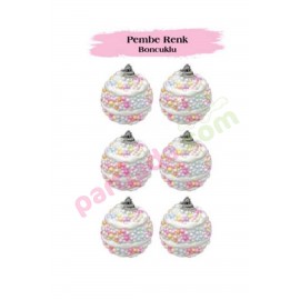 YILBAŞI TOPU 6 CM 6 LI PEMBE RENKLİ BONCUKLU