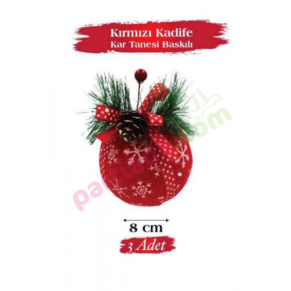 YILBAŞI TOPU 8 CM 3 LÜ KIRMIZI KADİFE ÇAM DALLI KOZALAKLI YIL-1800