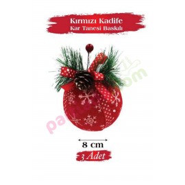 YILBAŞI TOPU 8 CM 3 LÜ KIRMIZI KADİFE ÇAM DALLI KOZALAKLI YIL-1800