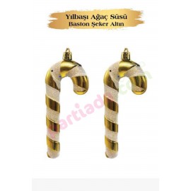 YILBAŞI AĞAÇ SÜSÜ 16 CM 2 Lİ BASTON ŞEKER GOLD BEYAZ