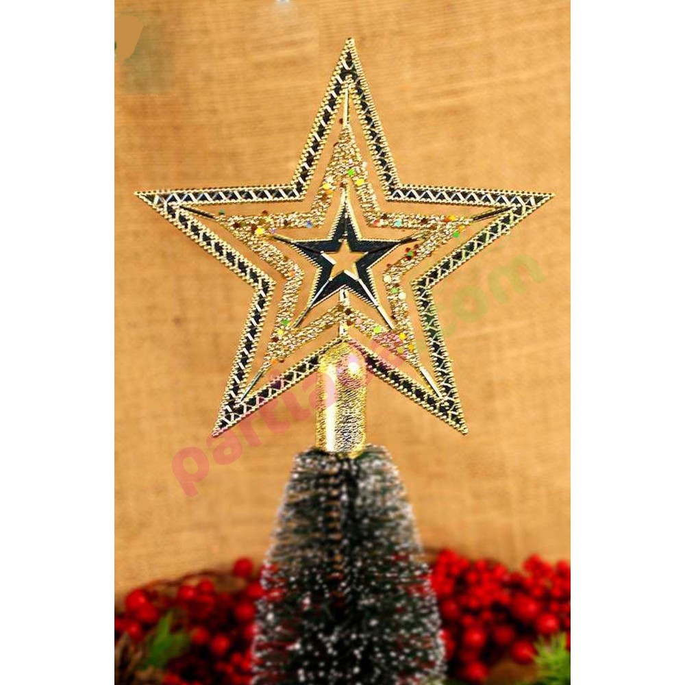 YILBAŞI AĞAÇ TEPELİK 20 CM YILDIZ İÇ İÇE GOLD SİM DETAYLI
