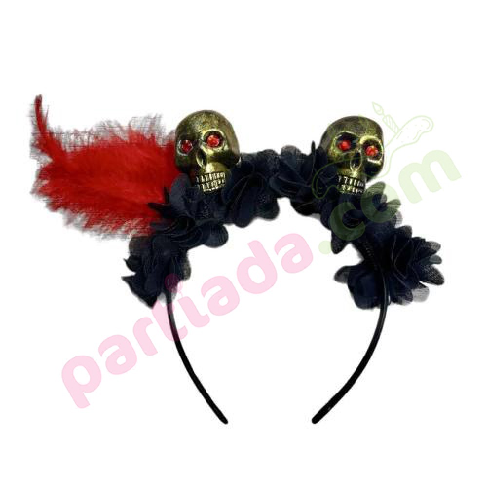 HALLOWEEN TAÇ KIRMIZI TÜYLÜ KURUKAFA GOLD HLW-242