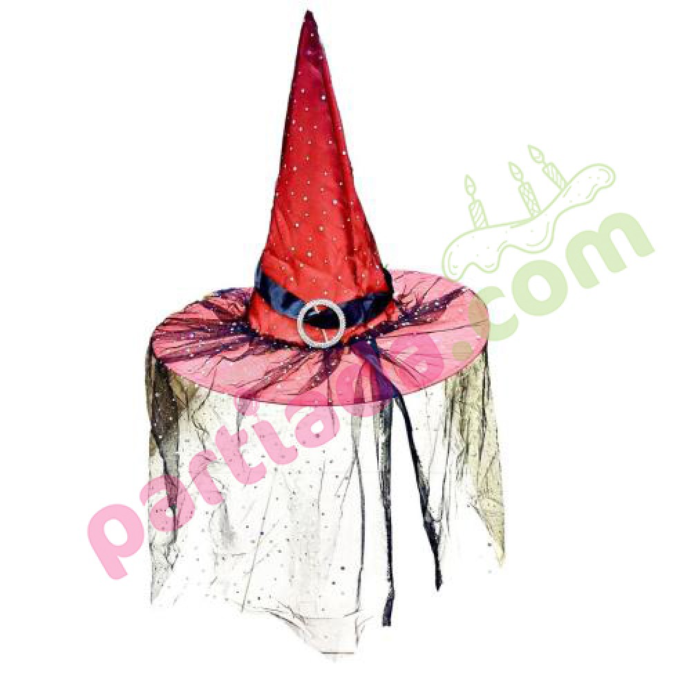 HALLOWEEN TÜLLÜ CADI ŞAPKASI KIRMIZI PUANTİYELİ HLW-23483