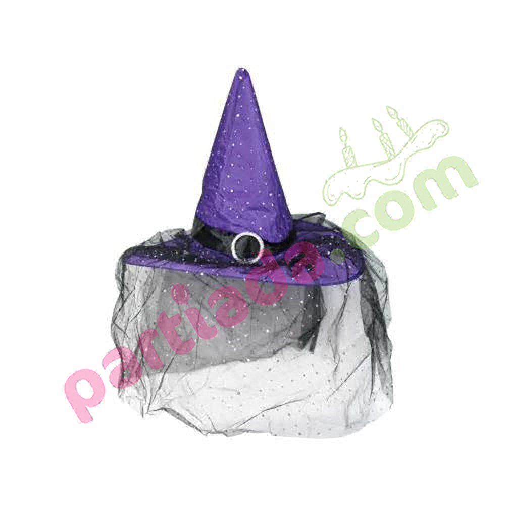 HALLOWEEN TÜLLÜ CADI ŞAPKASI MOR PUANTİYELİ HLW-23483