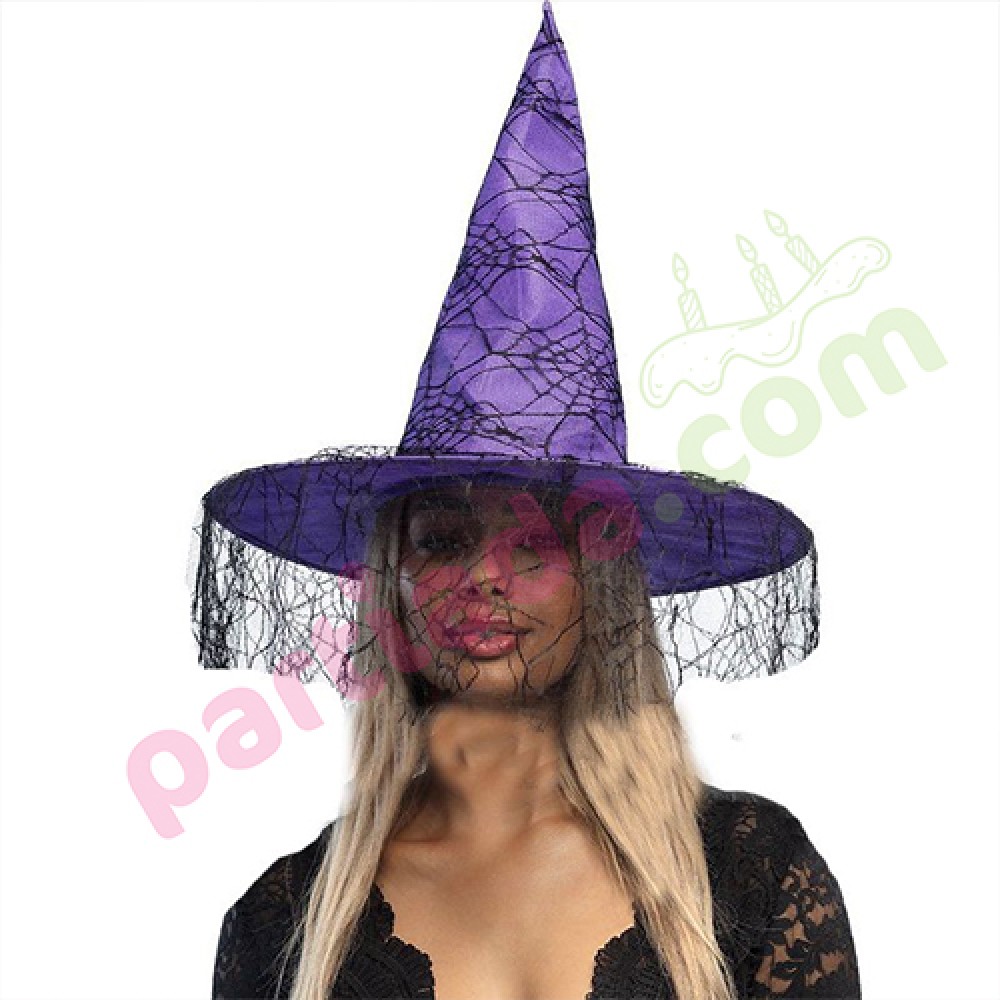 HALLOWEEN CADI ŞAPKASI KADİFE TÜLLÜ AĞ BASKILI MOR