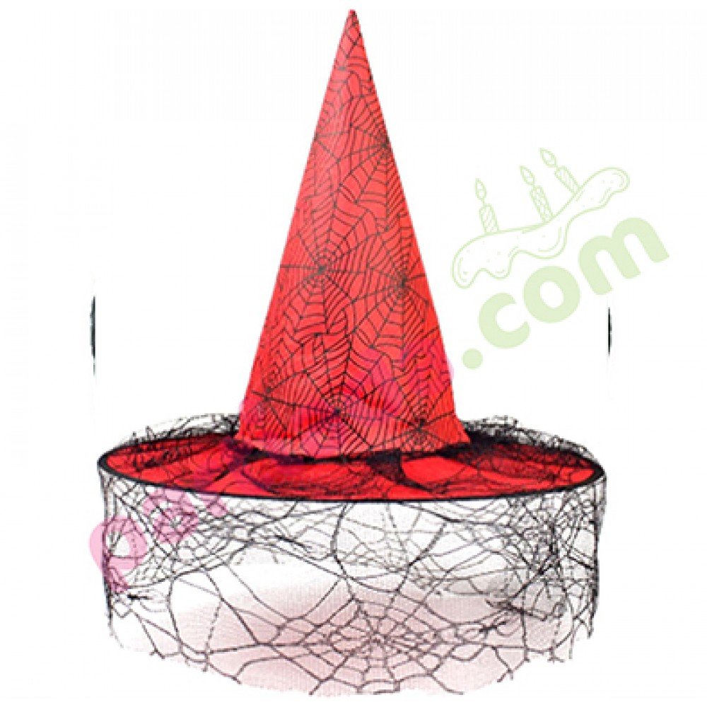 HALLOWEEN CADI ŞAPKASI KADİFE TÜLLÜ AĞ BASKILI KIRMIZI