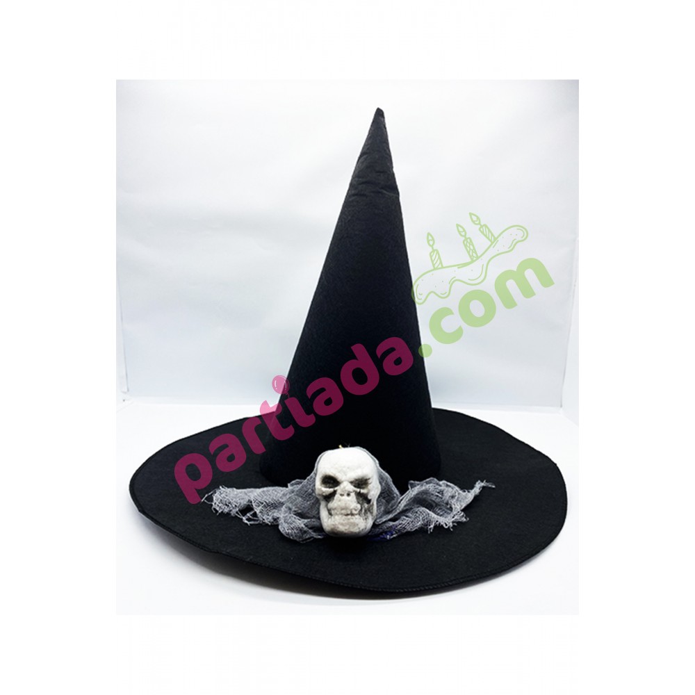 SİYAH CADI ŞAPKASI KURU KAFALI MODEL GRİ TÜLLÜ