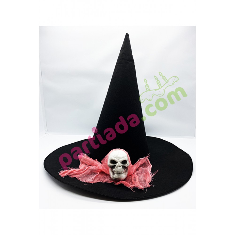 SİYAH CADI ŞAPKASI KURU KAFALI MODEL PEMBE TÜLLÜ