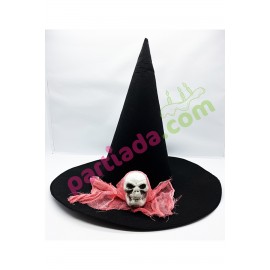 SİYAH CADI ŞAPKASI KURU KAFALI MODEL PEMBE TÜLLÜ