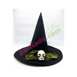 SİYAH CADI ŞAPKASI KURU KAFALI MODEL YEŞİL TÜLLÜ