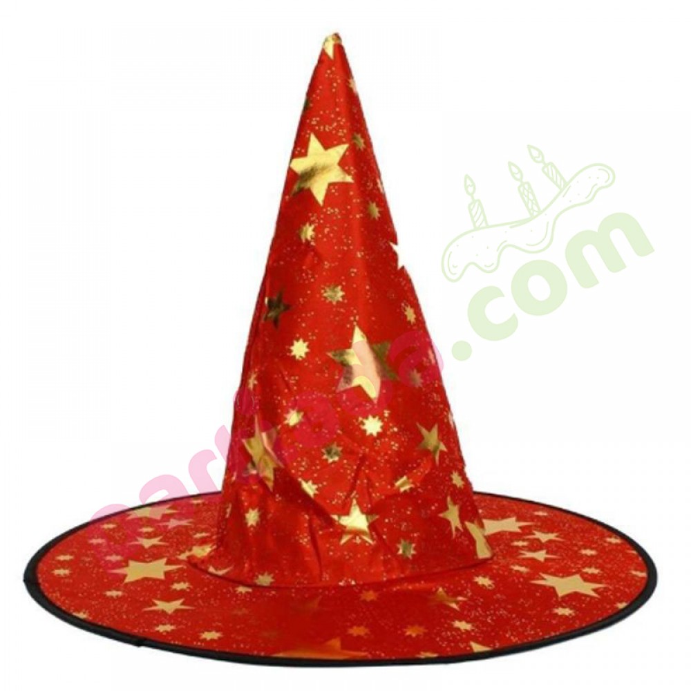 DESENLİ CADI ŞAPKASI KIRMIZI GOLD YILDIZ BASKILI